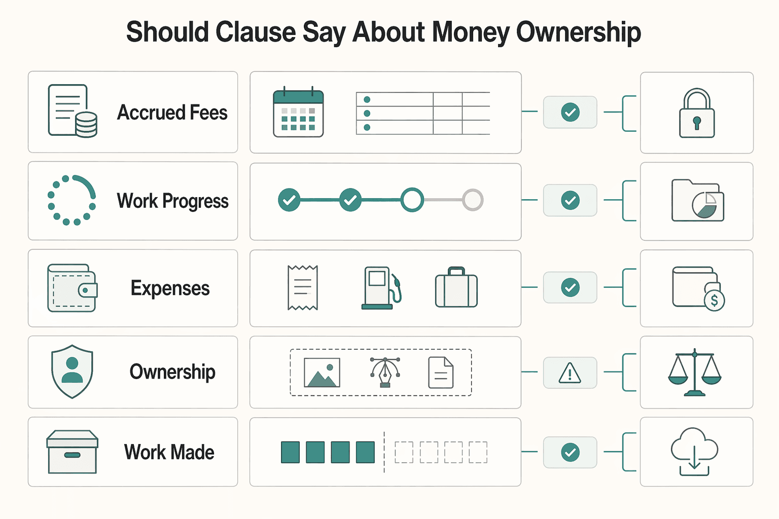 Diagram showing What should the clause say about money and ownership? for Do Freelancers Need a Force Majeure Clause in Client Contracts?.