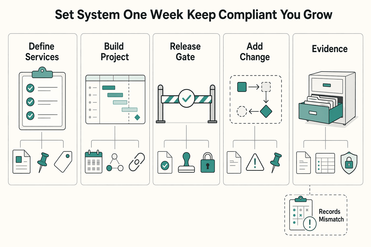 Diagram showing Set up your system in one week and keep it compliant as you grow for The Best Project Management Tools for Freelance Designers.