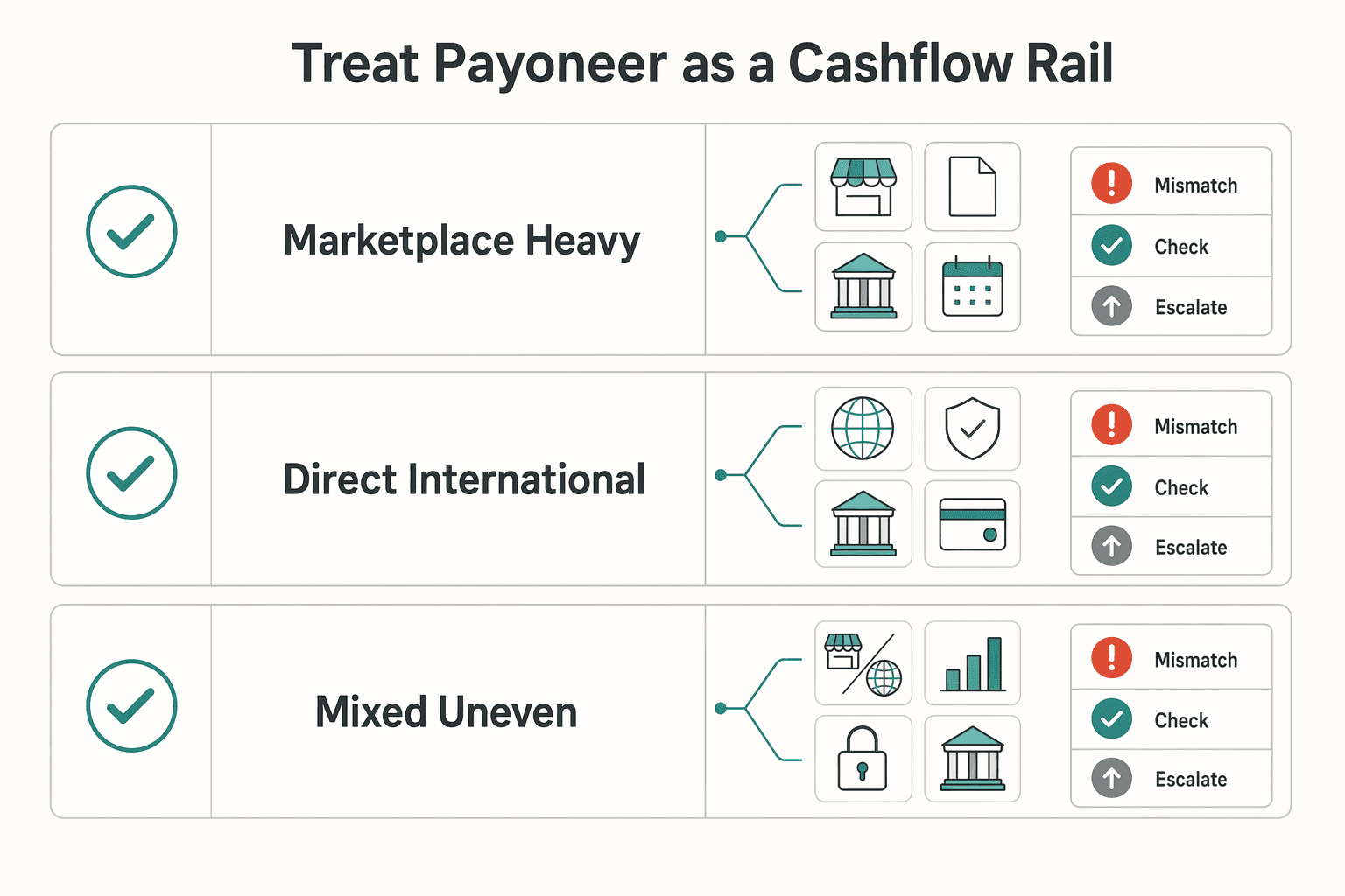 Diagram showing Treat Payoneer as a cashflow rail, not just a payout app for Payoneer Review: Is It the Best Platform for Marketplace Freelancers?.