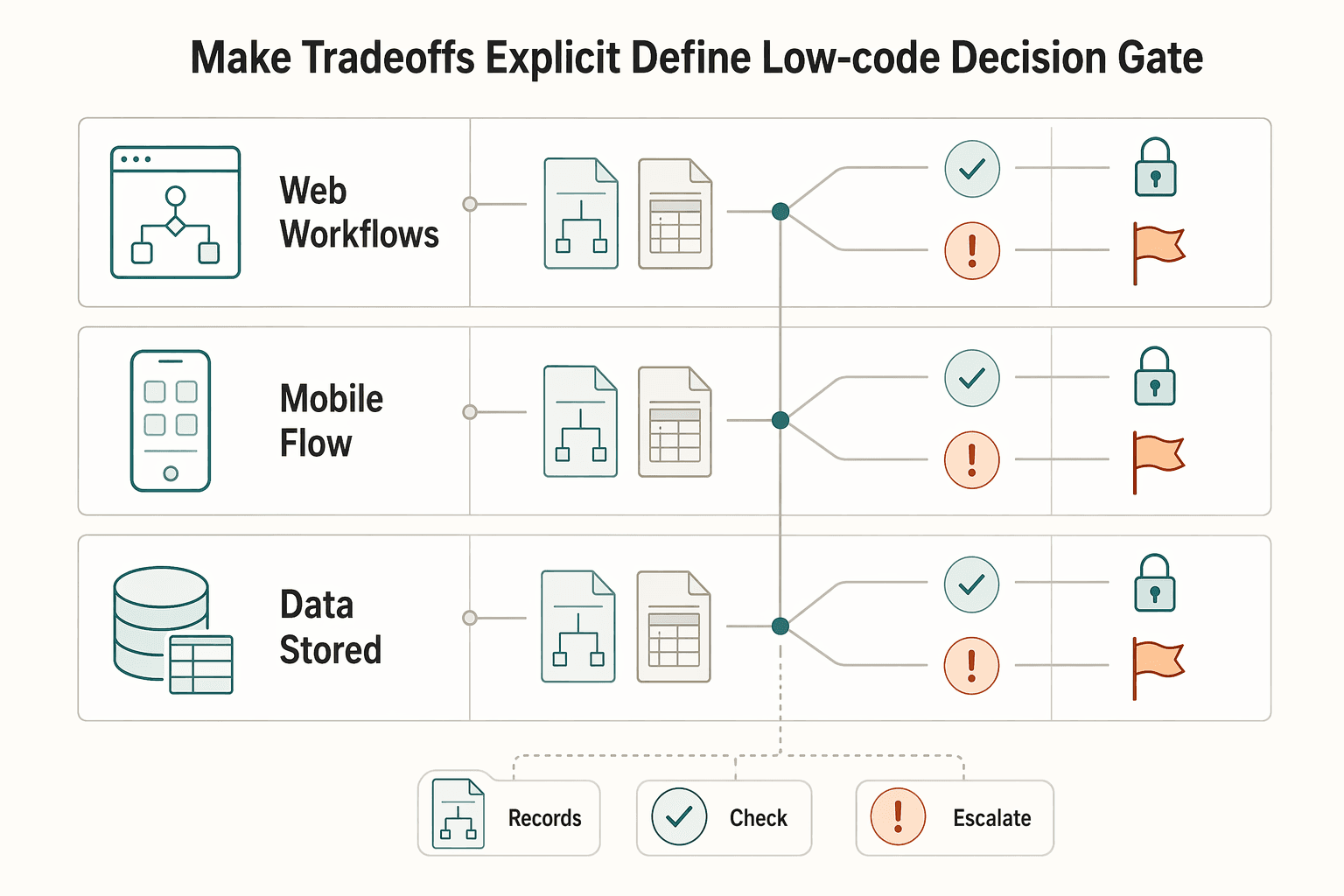 Diagram showing Step 2: Make tradeoffs explicit (and define the low-code decision gate) for How to Build a No-Code MVP for a Client.
