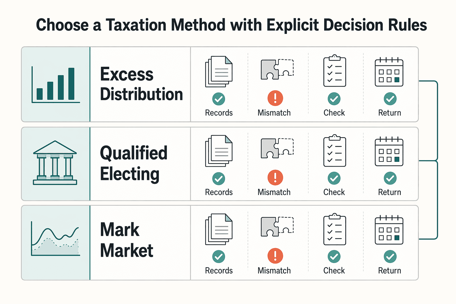 Diagram showing Choose a taxation method with explicit decision rules for PFIC Rules for US Expats Investing Abroad.
