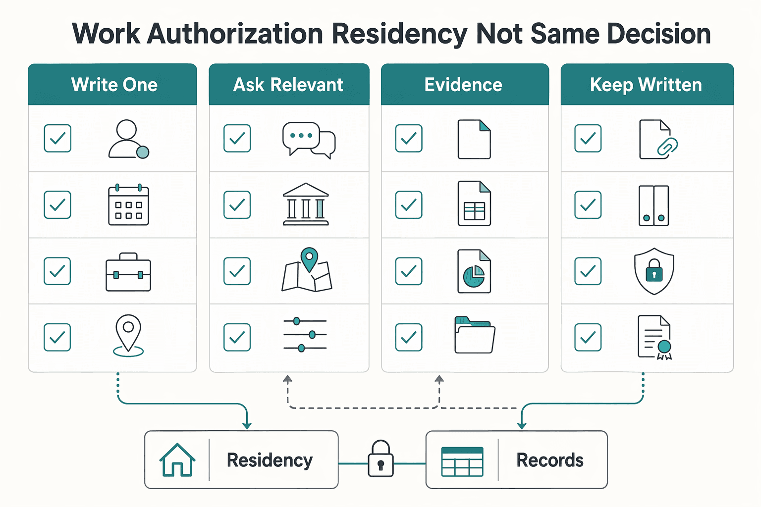 Diagram showing Work authorization and residency are not the same decision for UAE Golden Visa for Freelancers and the Green Visa Decision Guide.
