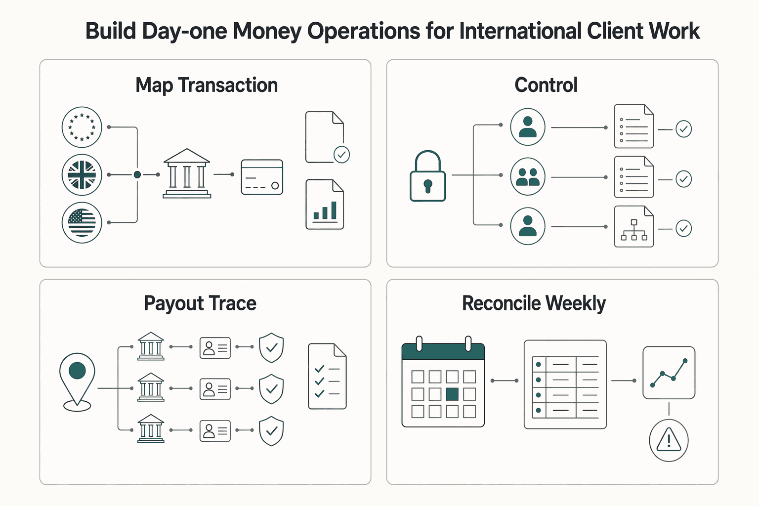 Diagram showing Build Day-One Money Operations for International Client Work for How to Set Up a Limited Company in Ireland.