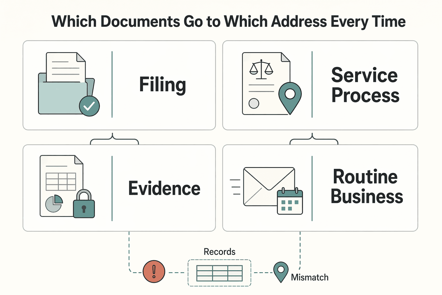 Diagram showing Which documents go to which address every time for Registered Agent vs Virtual Mailbox and How to Split Mail Correctly.