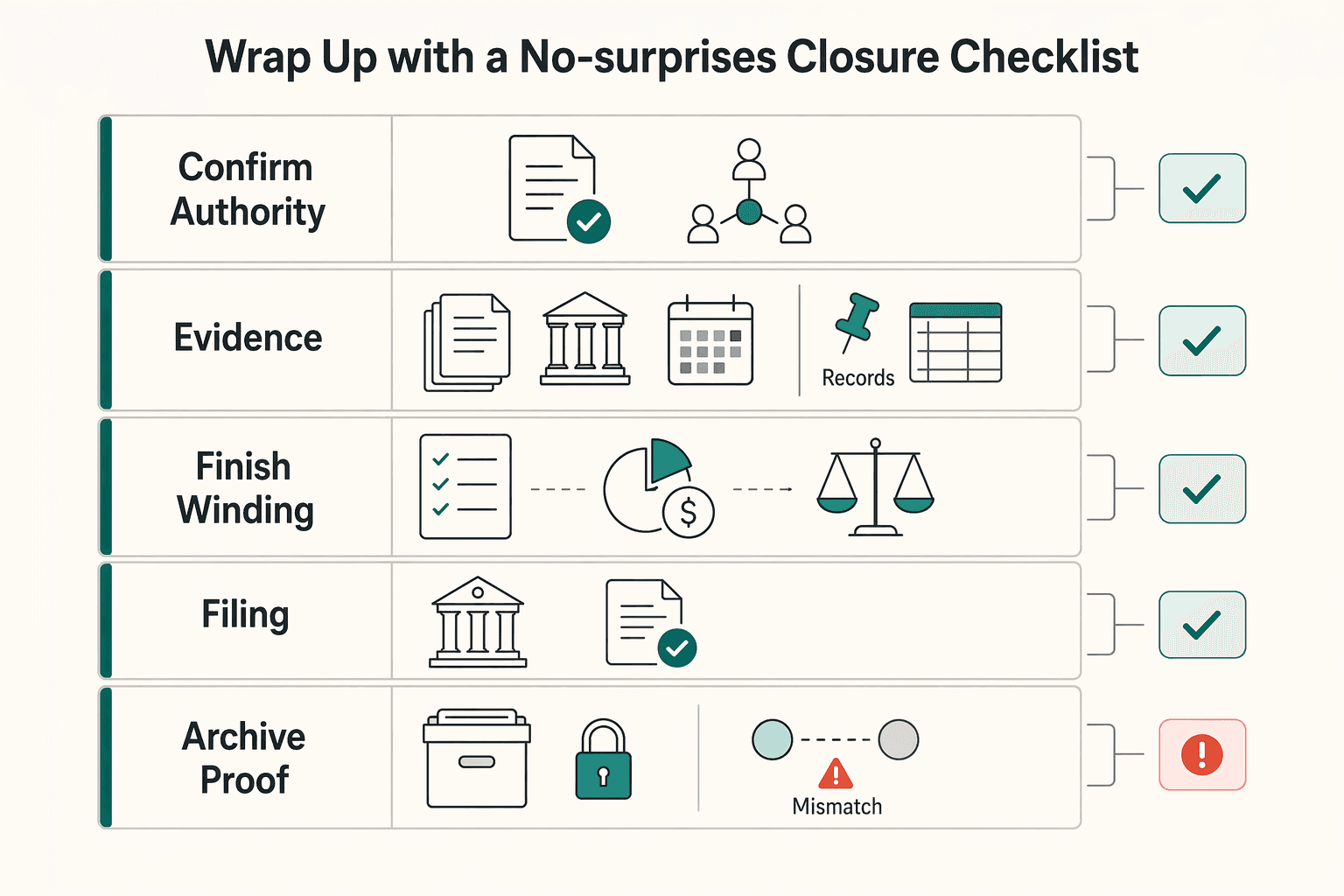 Diagram showing Wrap Up With a No-Surprises Closure Checklist for How to Dissolve a US LLC Without Leaving Loose Ends.