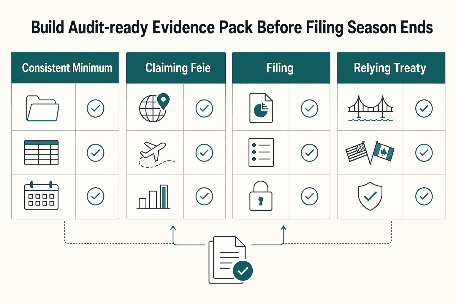 Diagram showing Build an Audit-Ready Evidence Pack Before Filing Season Ends for U.S.-Canada Tax Treaty Filing Workflow for Freelancers.