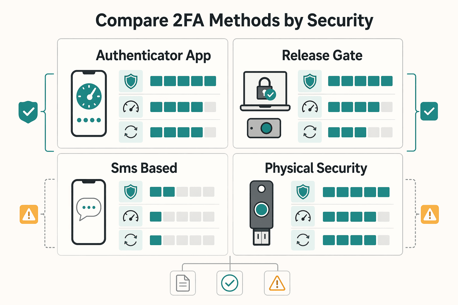 Diagram showing Compare 2FA Methods by Security, Friction, and Recovery Risk for What is Two-Factor Authentication (2FA) and Why You Need It.