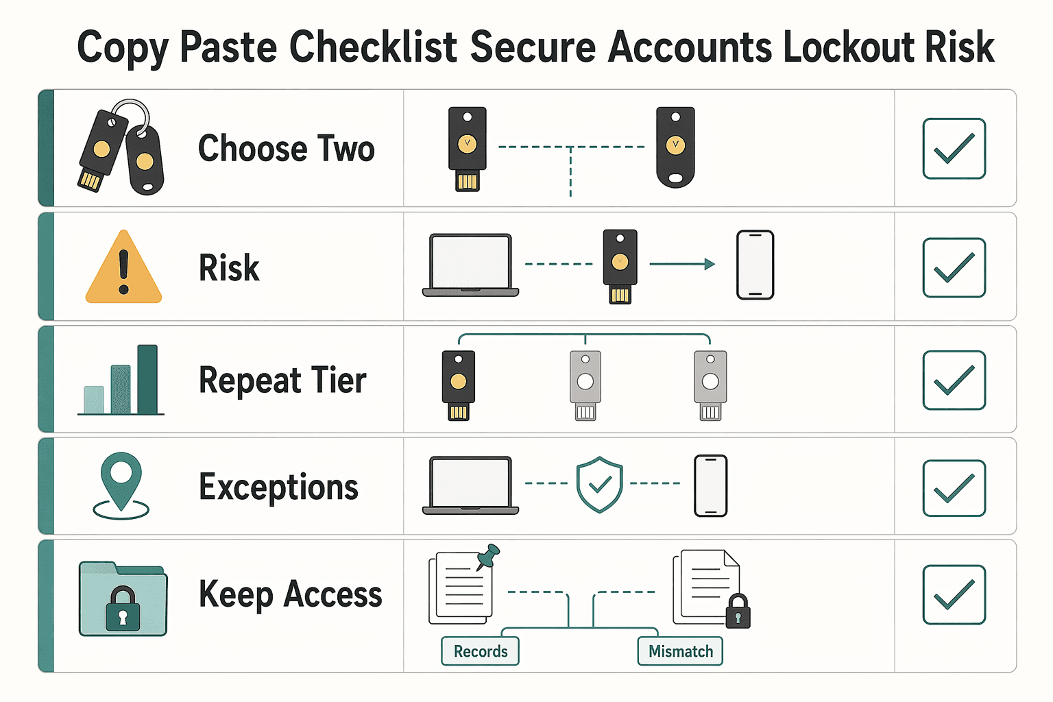 Diagram showing Your copy and paste checklist to secure accounts without lockout risk for How to Use a YubiKey for Maximum Account Security.