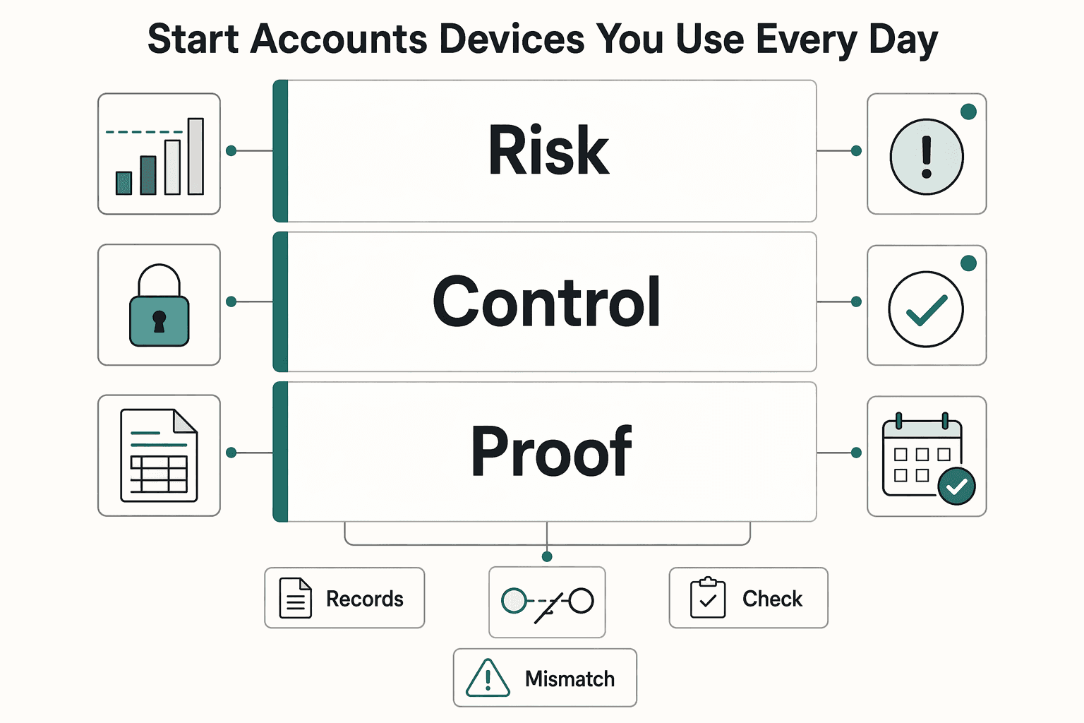 Diagram showing Start with the accounts and devices you use every day for How to Conduct a Personal Security Audit as a Freelancer.