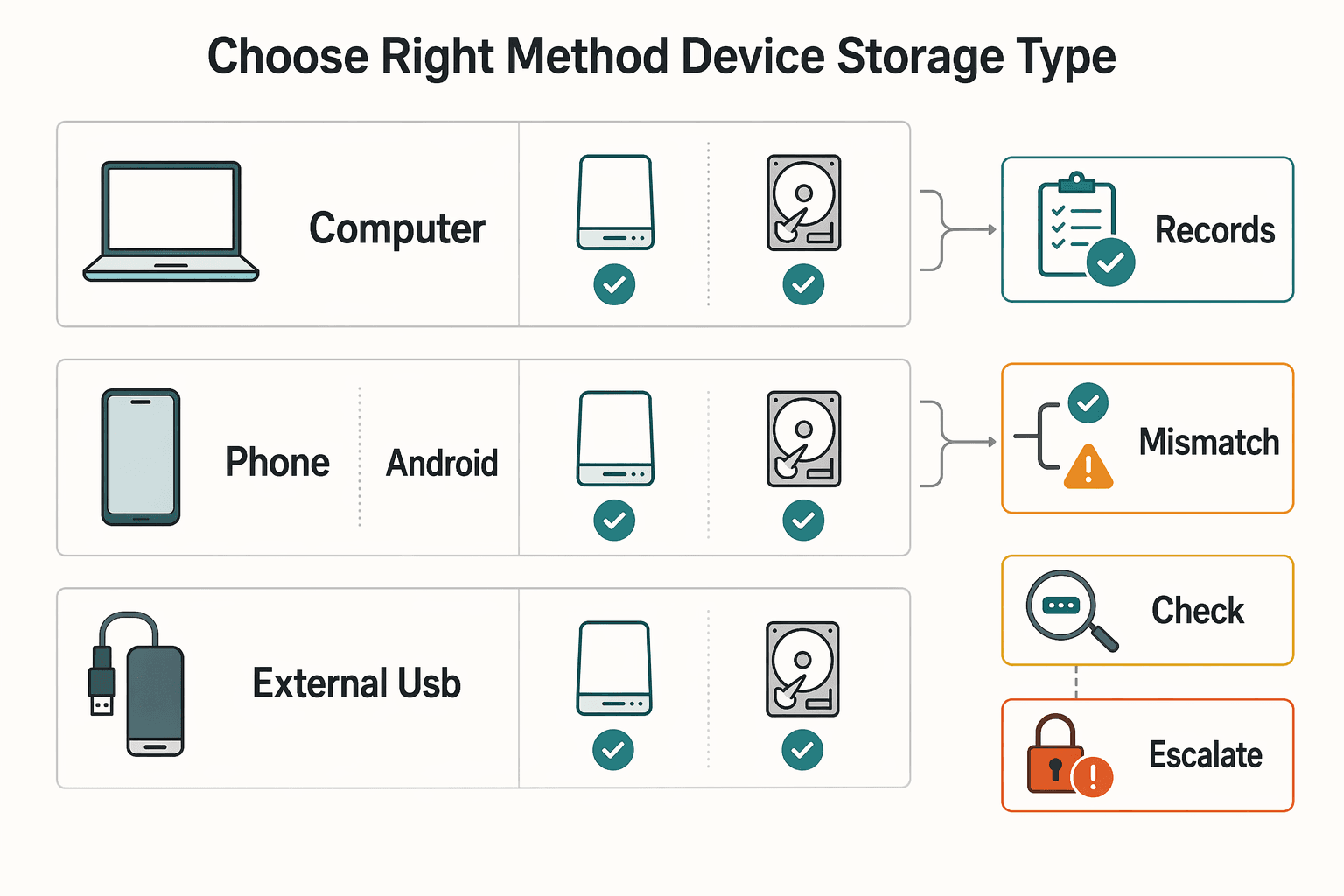 Diagram showing Choose the Right Method by Device and Storage Type for Securely Wipe Devices Before Selling Them With Clear Risk Checks.
