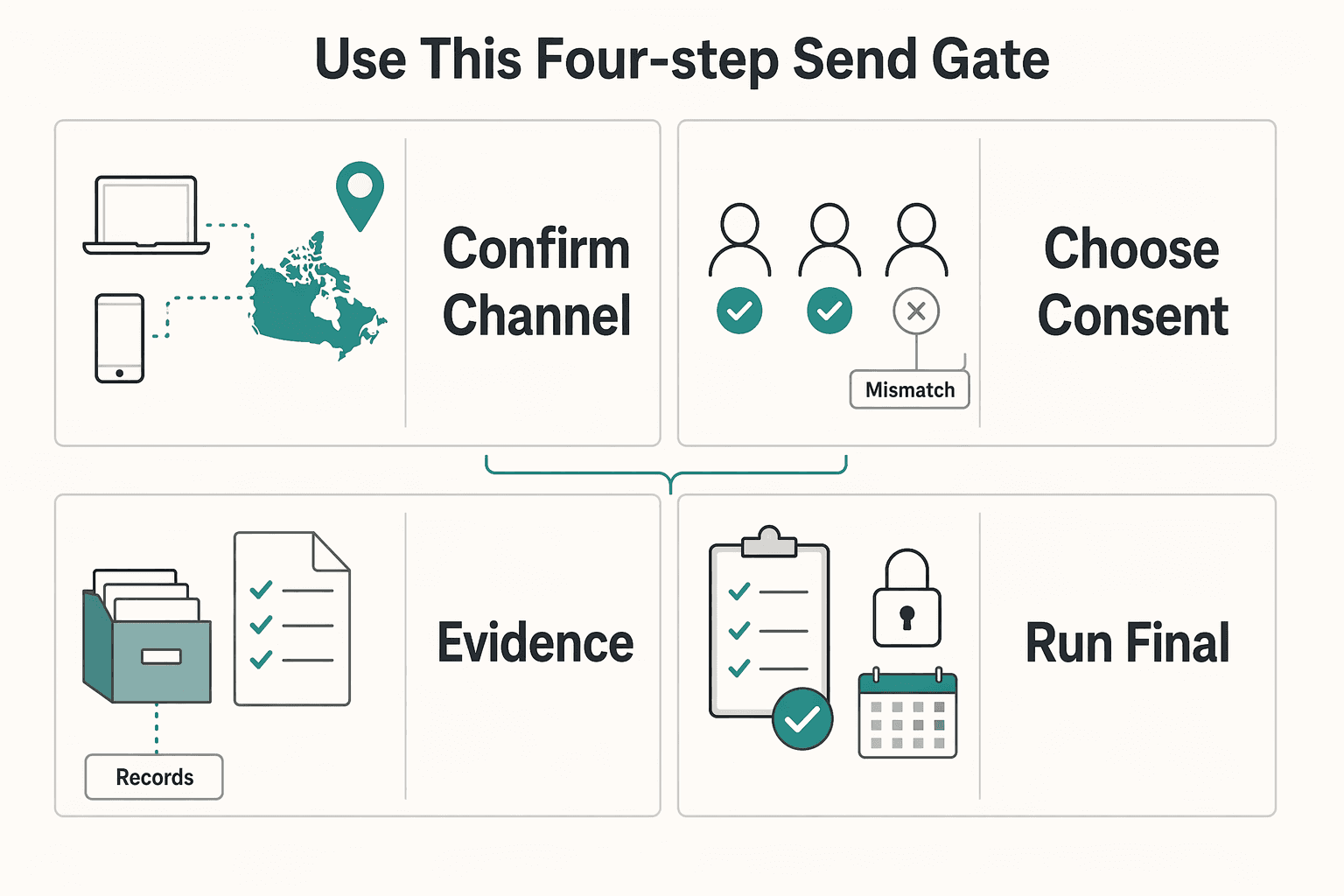 Diagram showing Use this four-step send gate for A Freelancer's Guide to Canada's Anti-Spam Legislation (CASL).