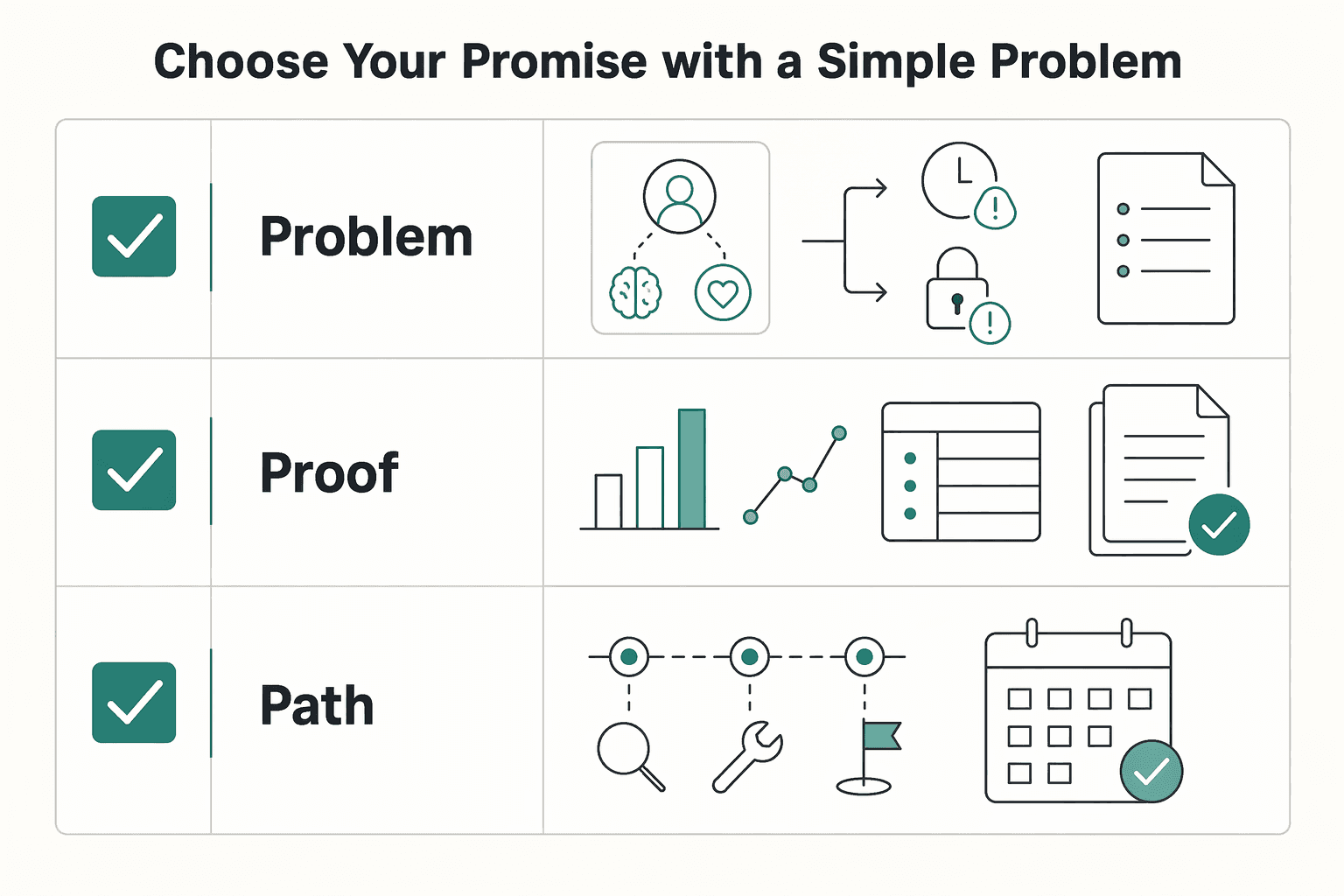 Diagram showing Step 1: Choose your promise with a simple "Problem, Proof, Path" frame (internal decision tool) for How to Host a Webinar to Generate Freelance Leads.