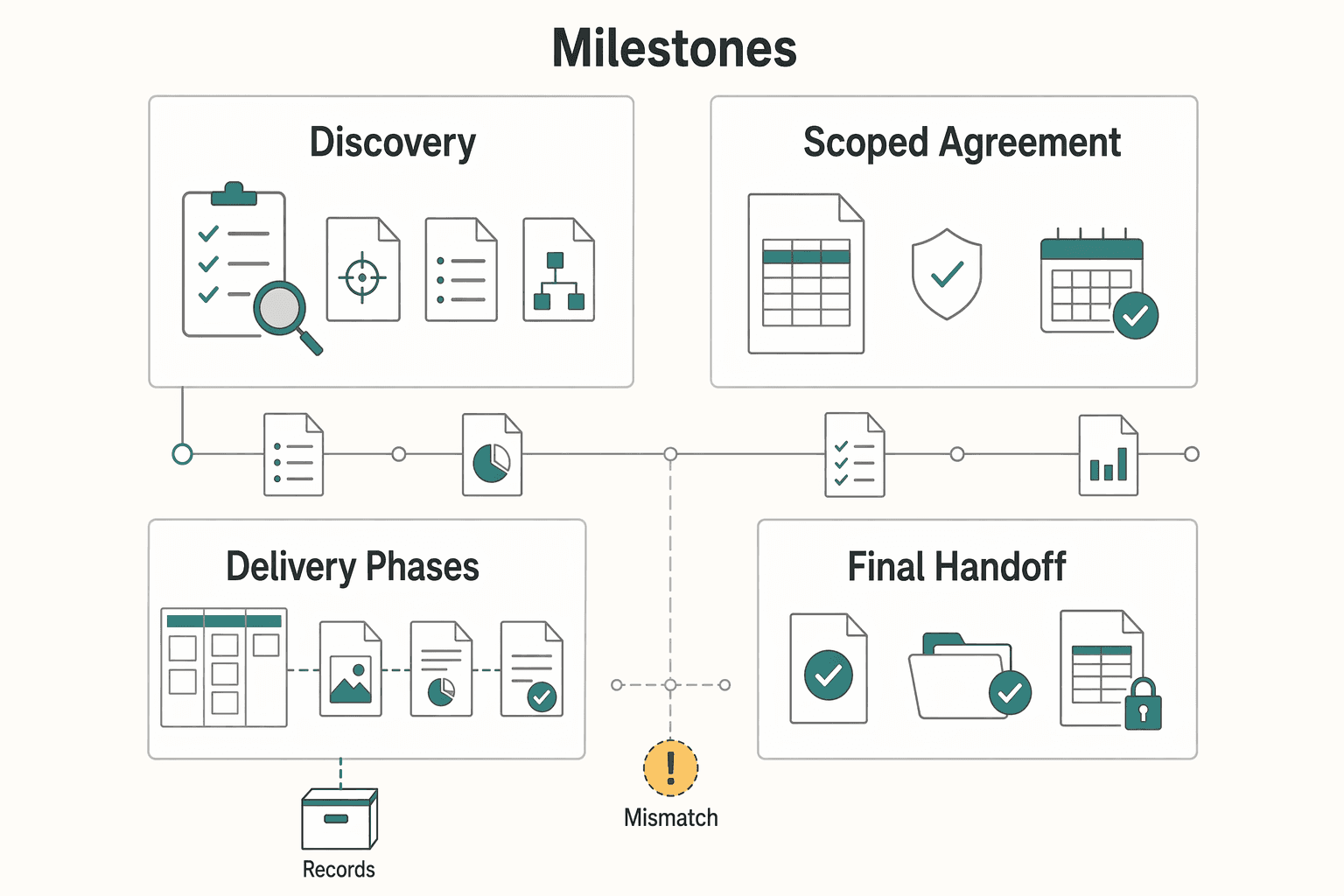 Diagram showing Build a low-risk workflow: milestones, approvals, and payment gates from discovery to delivery for How to Write a Book as a Freelancer Without Scope Drift.
