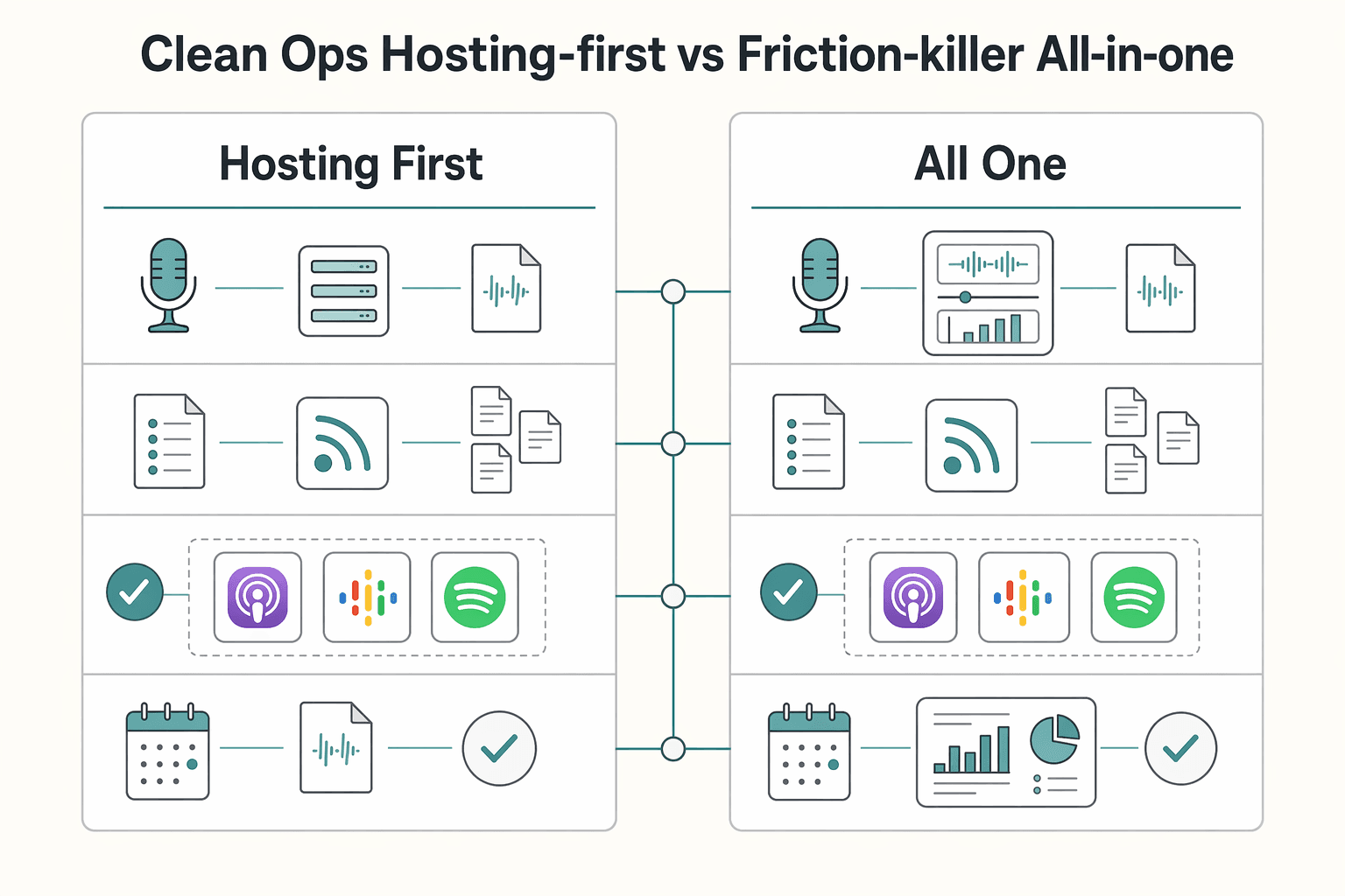 Diagram showing Two lanes: clean ops (hosting-first) vs friction-killer (all-in-one) for The Best Podcast Hosting Platforms for Beginners.