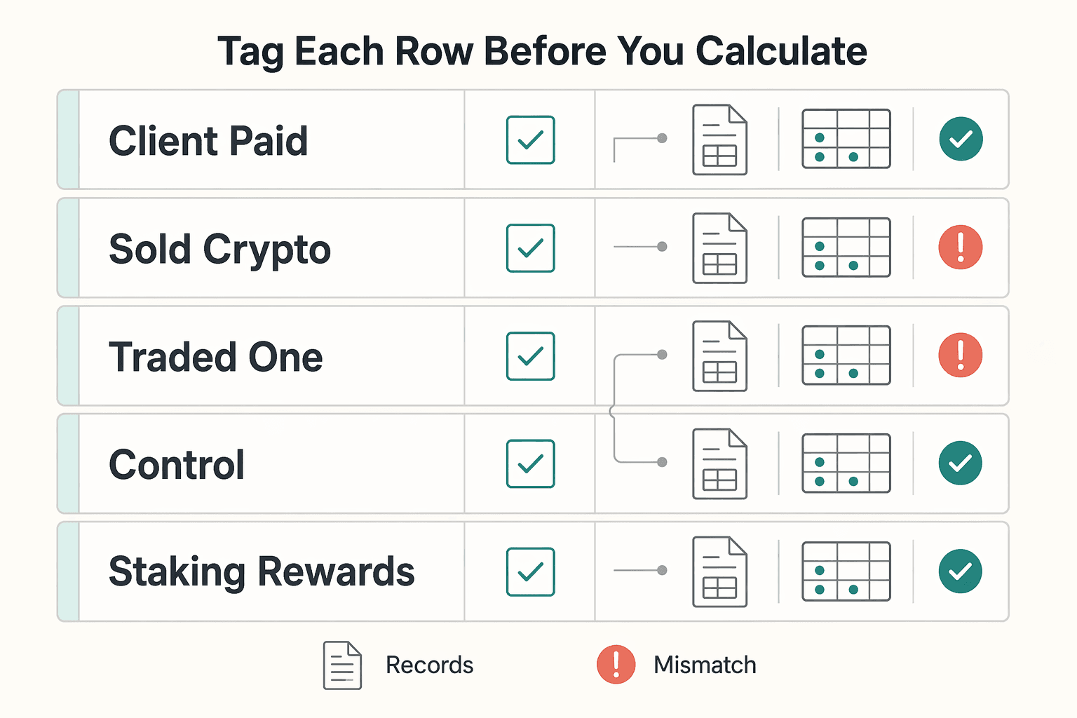 Diagram showing Tag each row before you calculate for How Freelancers Can Report Crypto on Taxes Without Guesswork.