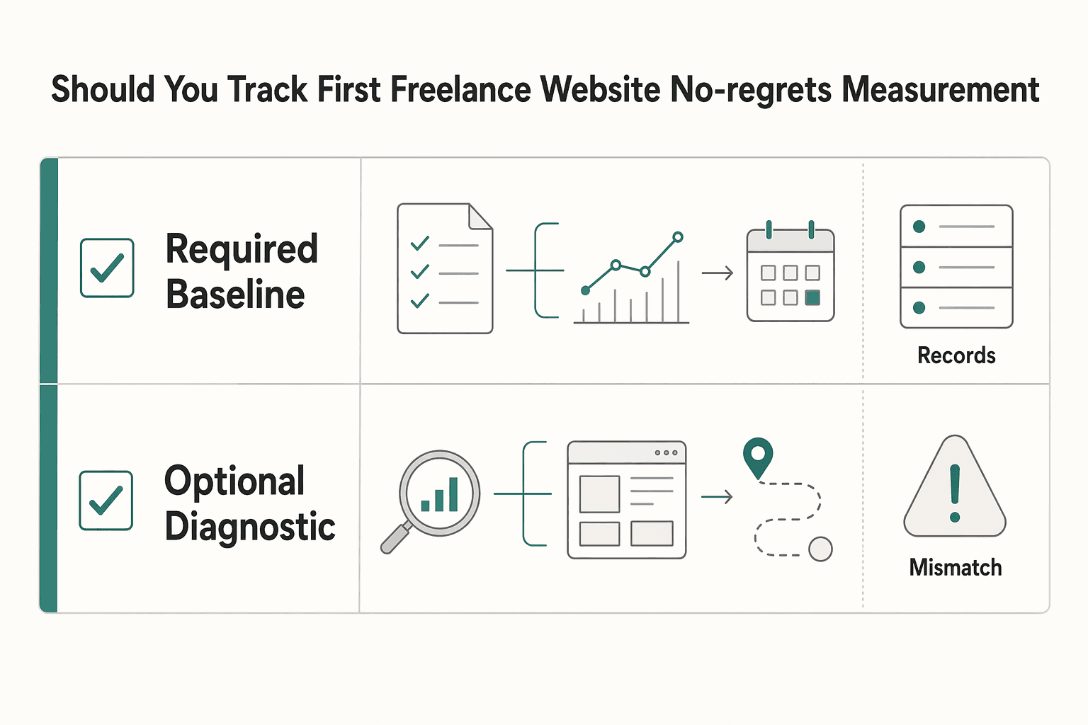 Diagram showing What should you track first on a freelance website? (the "no-regrets" measurement plan) for The Best Analytics Tools for Your Freelance Website.