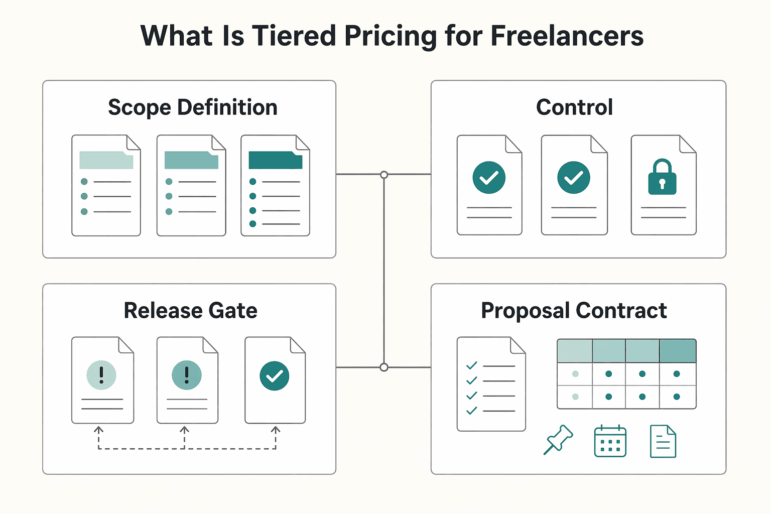 Diagram showing What is tiered pricing for freelancers, and why does it usually "work"? for Tiered Pricing for Freelancers That Protects Cashflow.