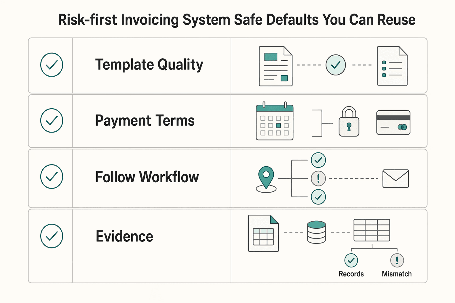Diagram showing Your risk-first invoicing system (safe defaults you can reuse) for How to Create a Professional-Looking Invoice.