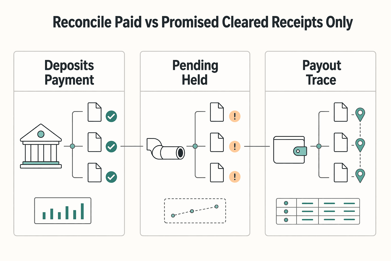 Diagram showing Step 1: Reconcile "paid vs promised" (cleared receipts only) for A Guide to Index Fund Investing for Freelancers.