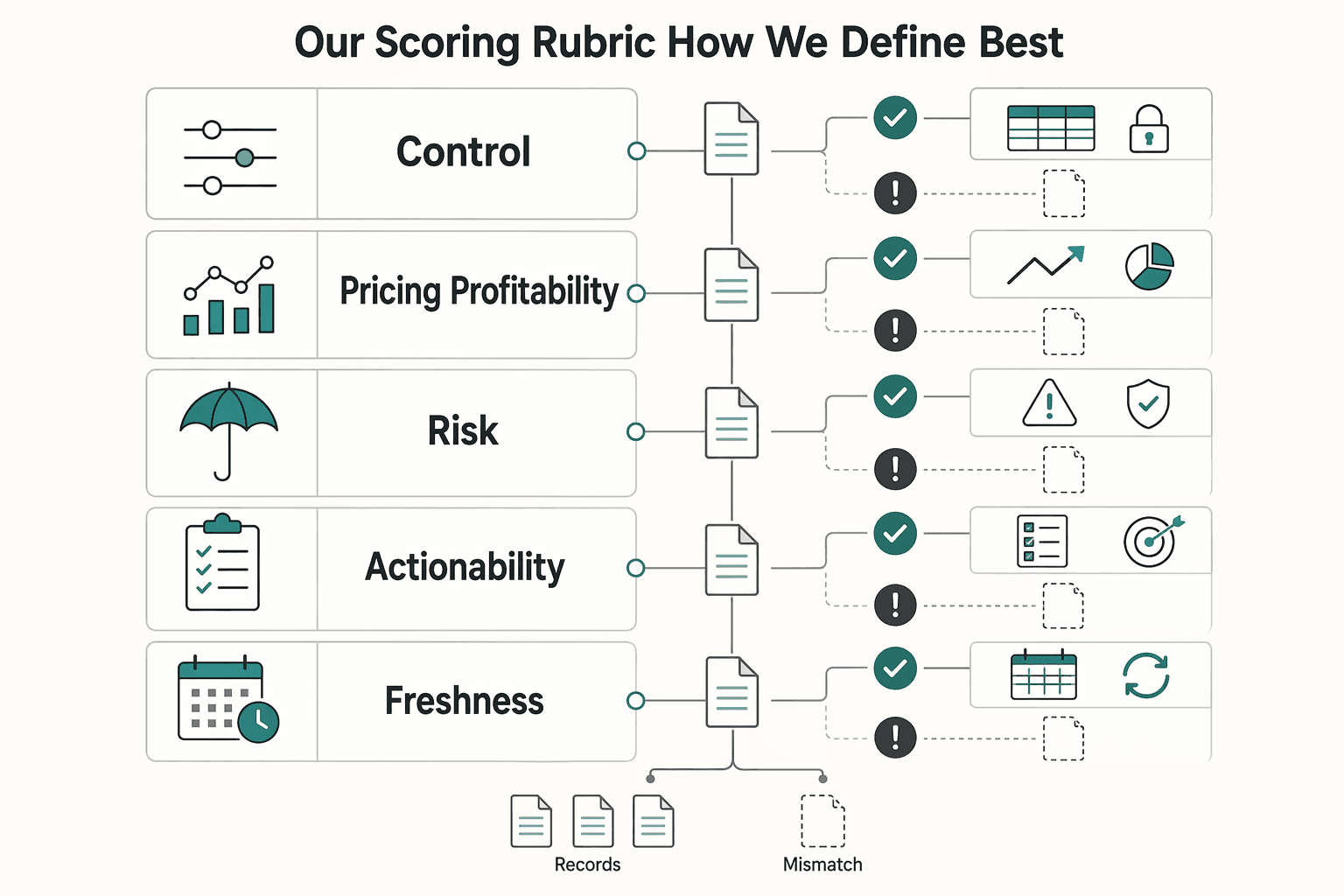 Diagram showing Our scoring rubric (how we define "best") for The Best Financial Podcasts for Freelancers and Solopreneurs.