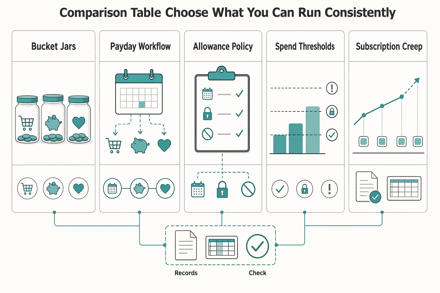 Diagram showing Comparison table (choose what you can run consistently) for The Best Ways to Teach Your Kids About Money.