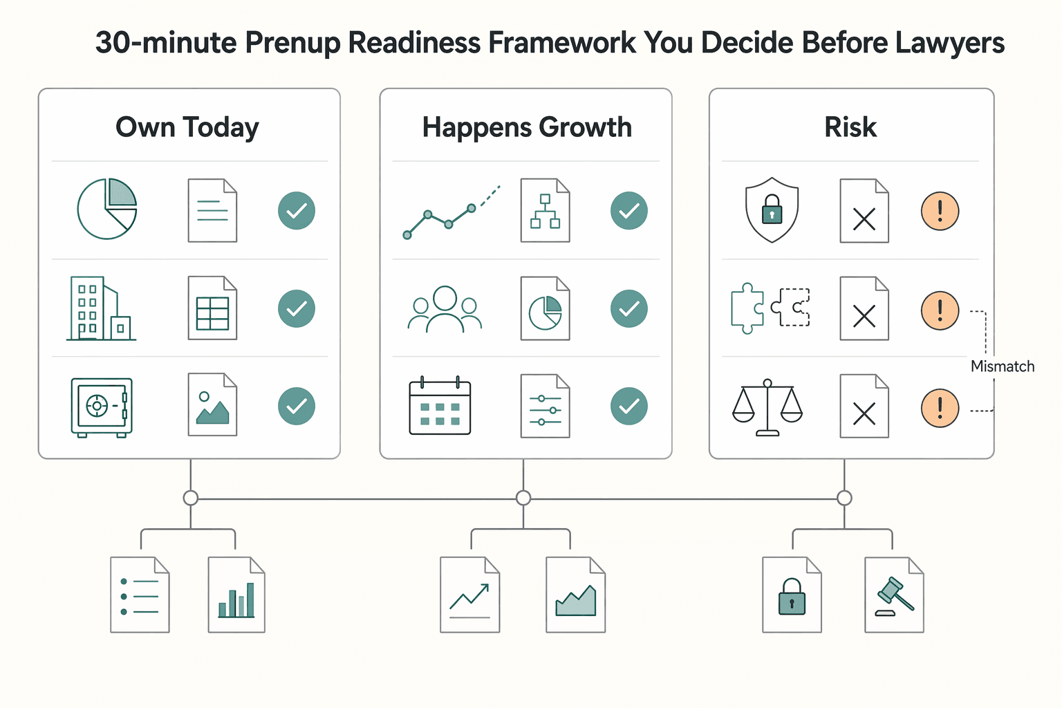 Diagram showing The 30-minute prenup readiness framework (what you decide before lawyers) for A Guide to Prenuptial Agreements for Entrepreneurs.