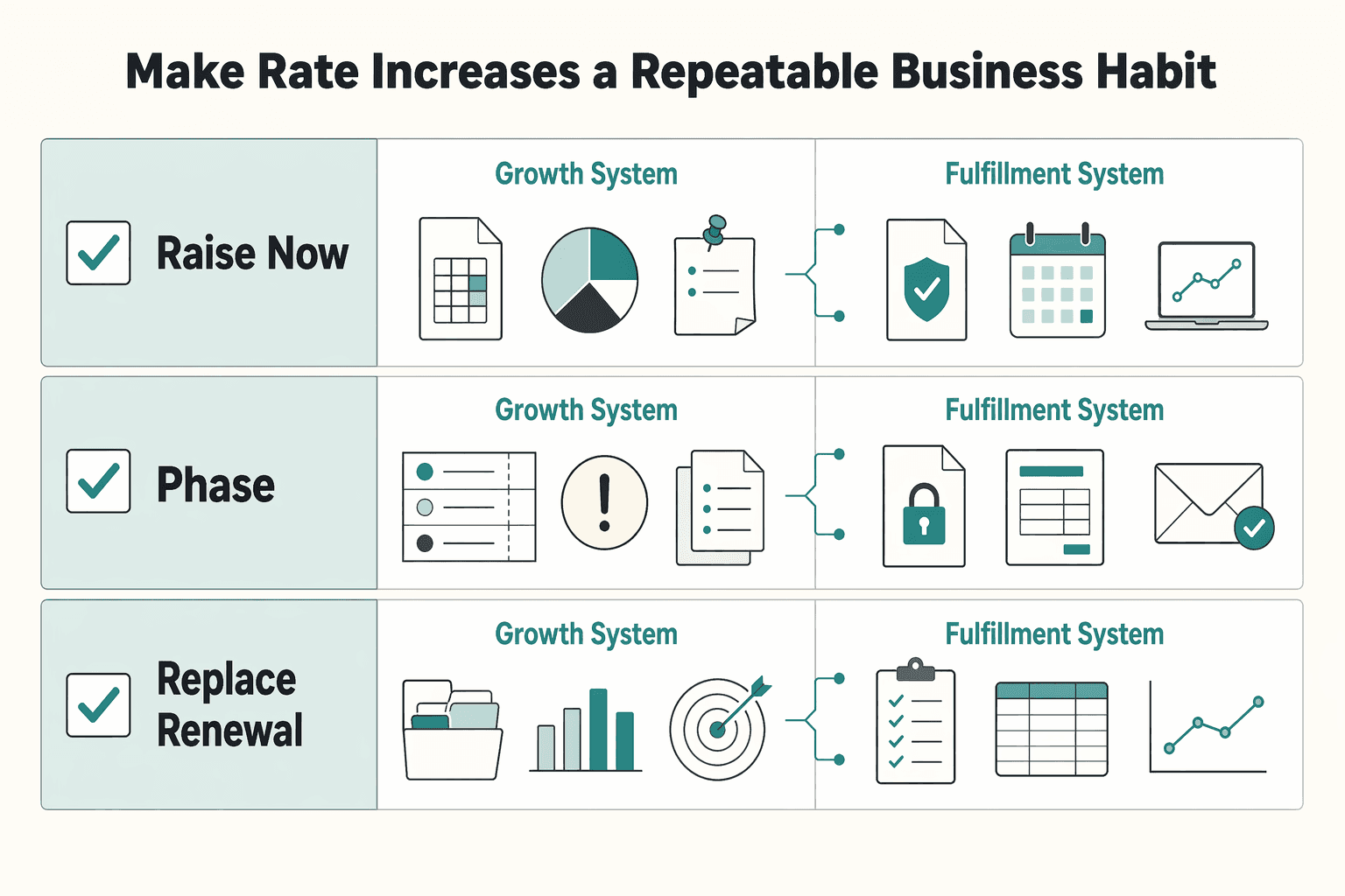 Diagram showing Make rate increases a repeatable business habit for Raising Your Rates: How to Do It Without Losing Clients.
