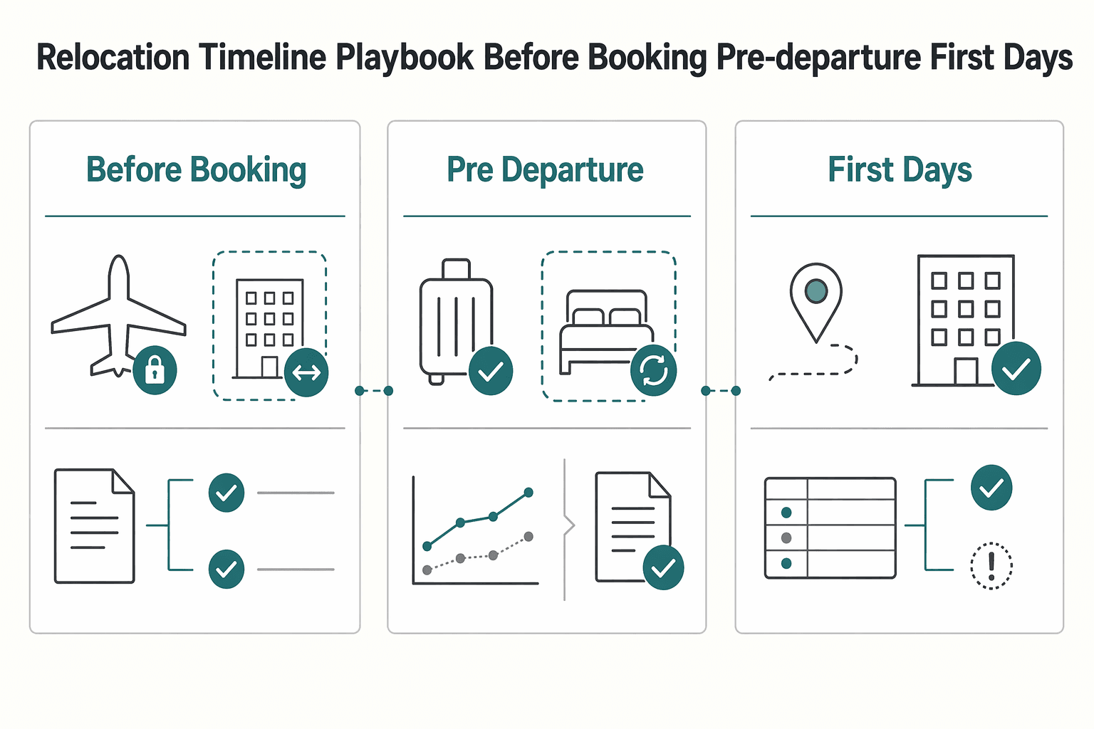 Diagram showing The relocation timeline playbook (before booking → pre-departure → first 30 days) for How to Choose Airline and Hotel Loyalty Programs for a Relocation.