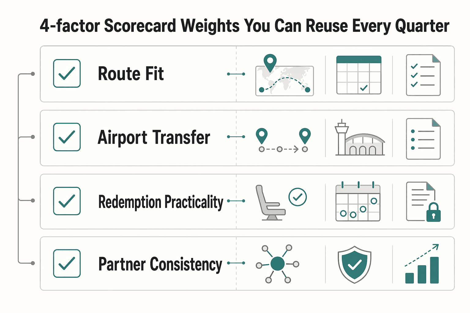 Diagram showing The 4-factor scorecard (with weights) you can reuse every quarter for Best Airline Alliances for Global Travelers Who Need Reliable Routes.