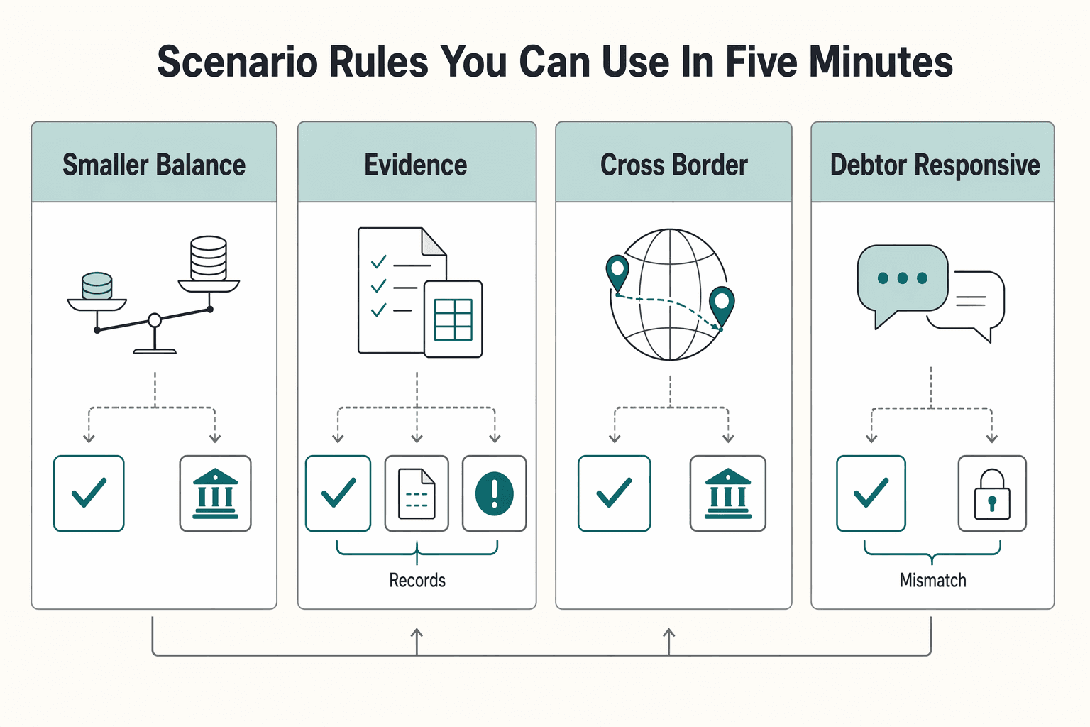 Diagram showing Scenario rules you can use in five minutes for Collection Agency vs Small Claims for Freelancers.