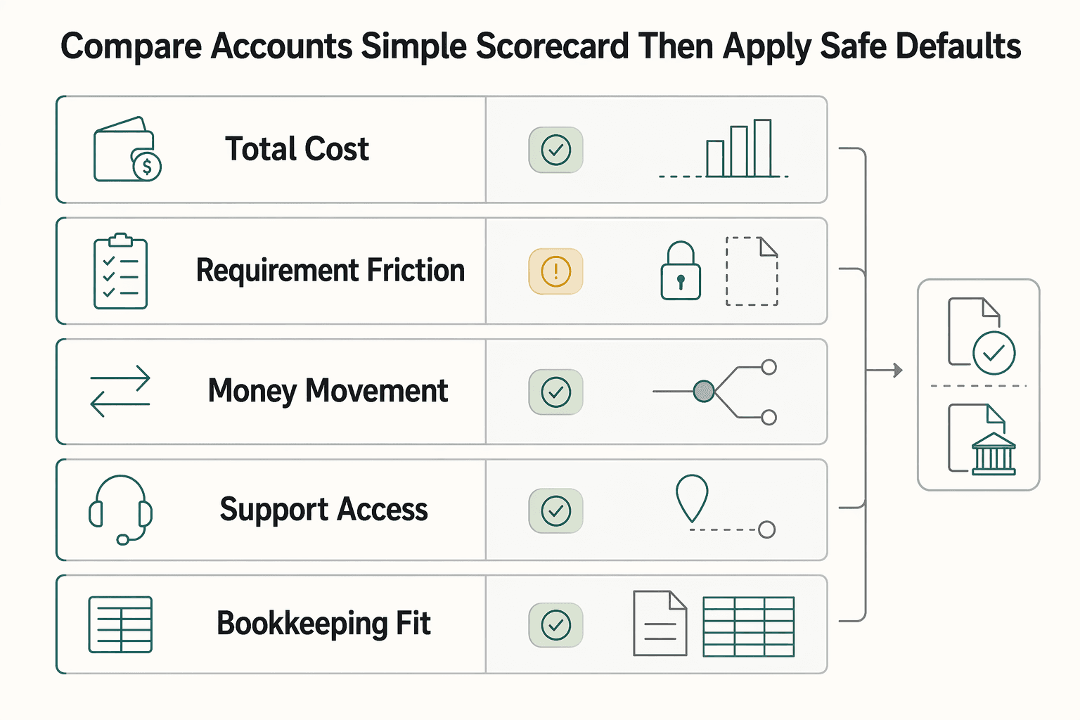 Diagram showing Step 2: Compare accounts with a simple scorecard (then apply safe defaults) for The Best High-Interest Checking Accounts for Freelancers.