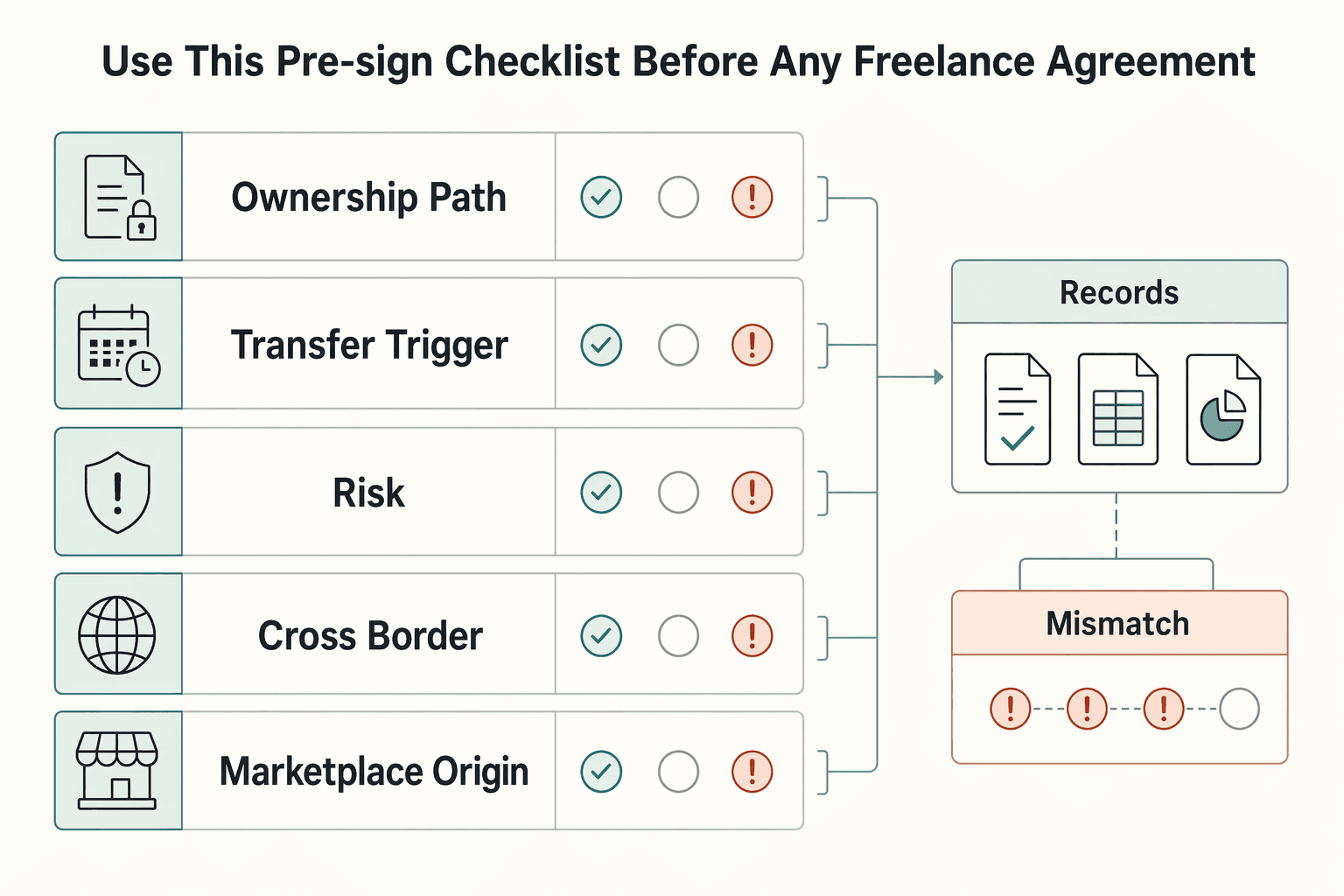 Diagram showing Use this pre-sign checklist before any freelance agreement for Work for Hire vs Assignment of Rights for Freelancers.