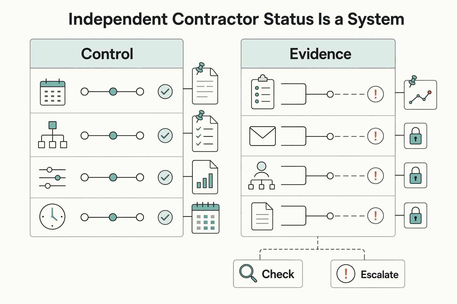 Diagram showing Independent contractor status is a system, not a sentence for Independent Contractor Status for Cross-Border Freelancer Contracts.