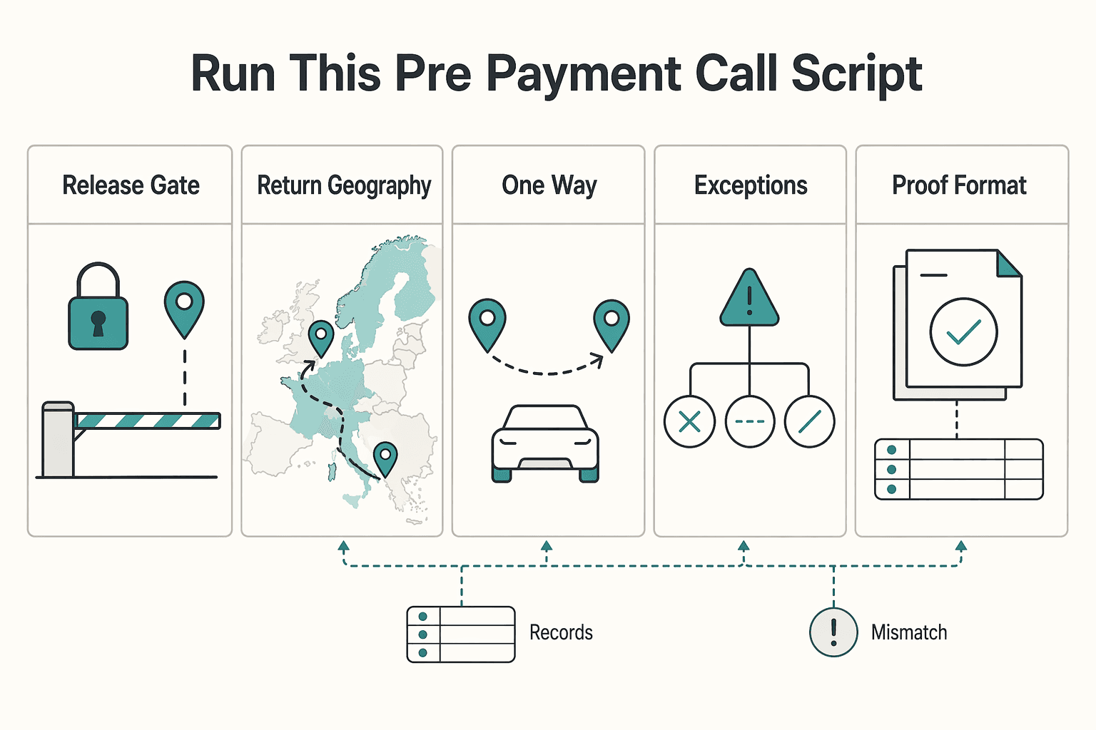Diagram showing Run this pre payment call script for A Guide to Renting a Car Long-Term in Europe.
