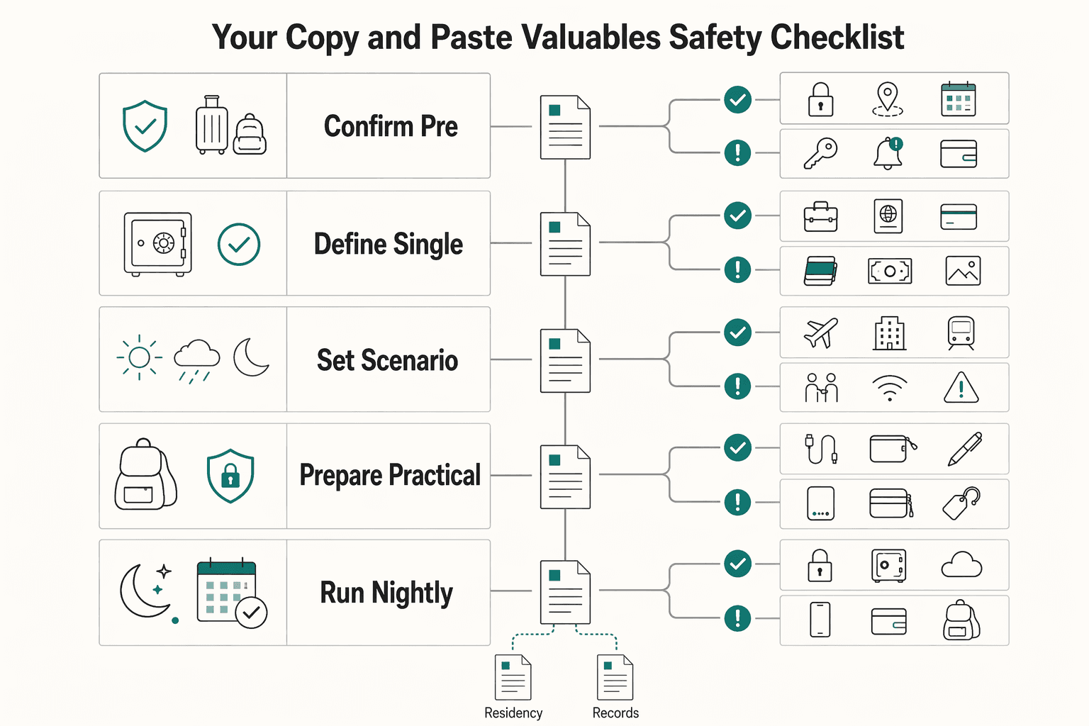 Diagram showing Your copy and paste valuables safety checklist for How to Keep Your Valuables Safe While Traveling.