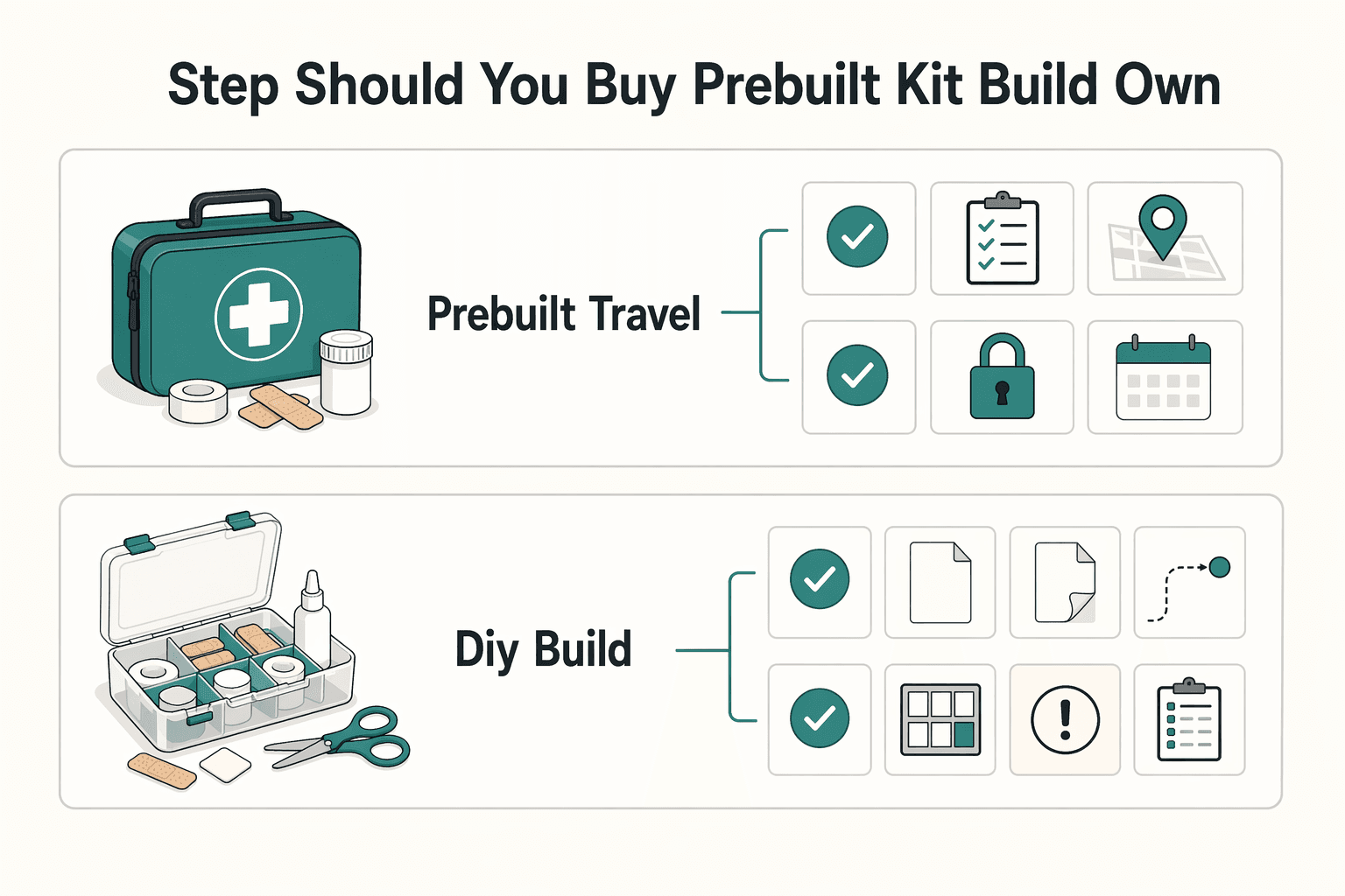 Diagram showing Step 3 should you buy a prebuilt kit or build your own for How to Build a Travel First-Aid Kit.
