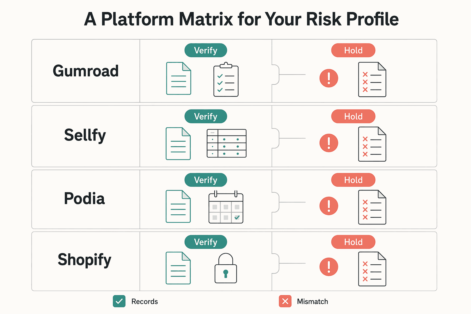 Diagram showing The Verdict: A Platform Matrix for Your Risk Profile for The Best Platforms for Selling Digital Products.