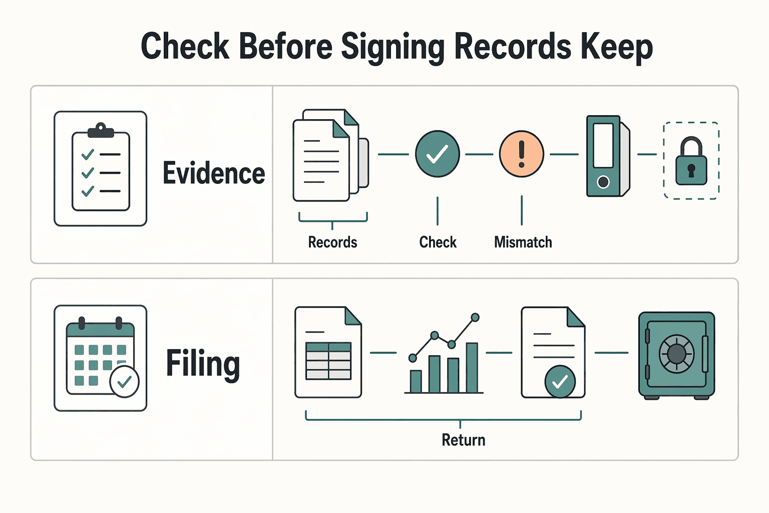 Diagram showing What to Check Before Signing and What Records to Keep for IR35 for UK Freelancers: Records, Self Assessment, and Pre-Signing Checks.