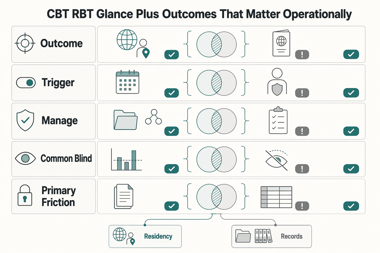 Diagram showing CBT vs RBT at a glance (plus the 3 outcomes that matter operationally) for Tax Residency vs. Citizenship-Based Taxation: The US Anomaly.