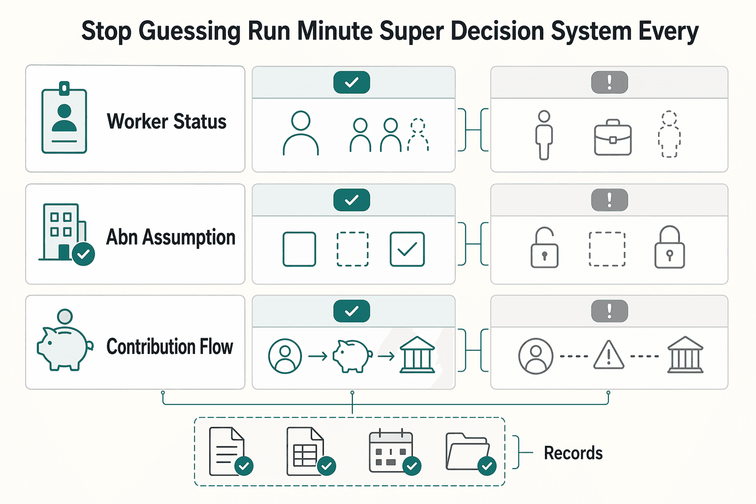 Diagram showing Stop Guessing and Run a 10 Minute Super Decision System on Every Client for A Guide to Superannuation for Australian Freelancers.