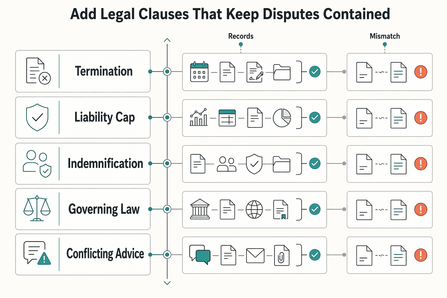 Diagram showing Add Legal Clauses That Keep Disputes Contained for How to Write a Scope of Work for Clear Delivery and Payment.