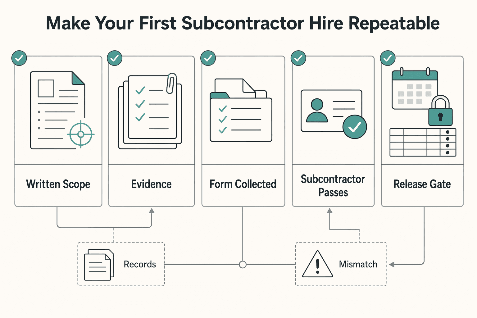 Diagram showing Make your first subcontractor hire repeatable for Hiring a Subcontractor for the First Time Without Costly Surprises.