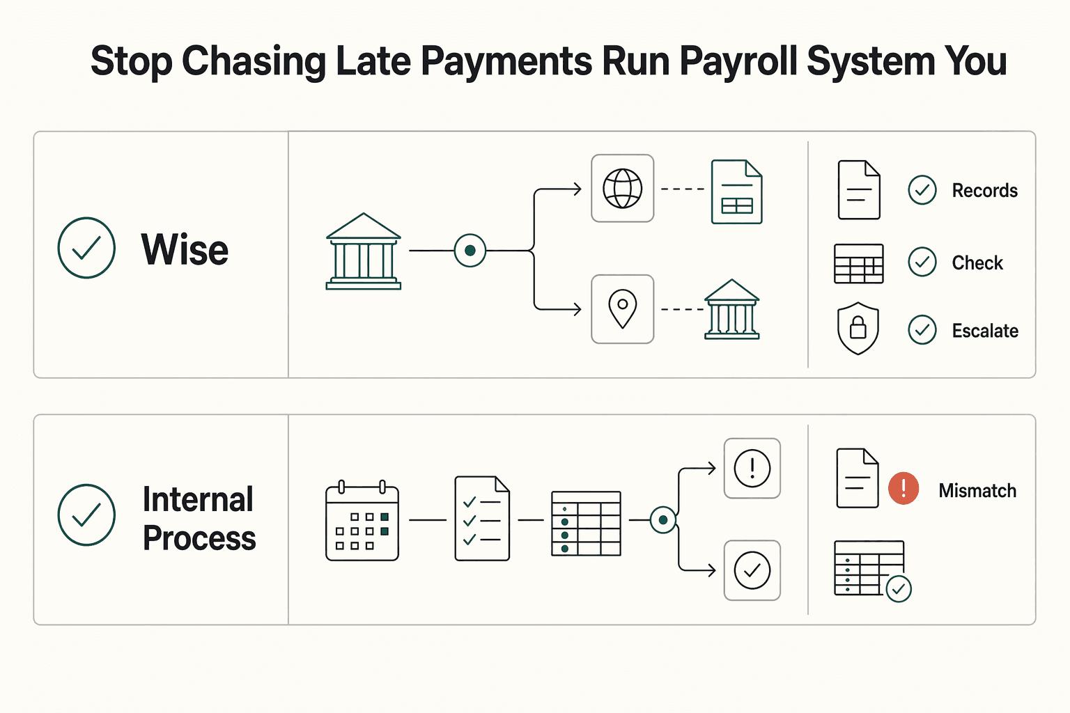 Diagram showing Stop Chasing Late Payments and Run a Payroll System You Can Trust for A Guide to Using Wise for Payroll for International Contractors.