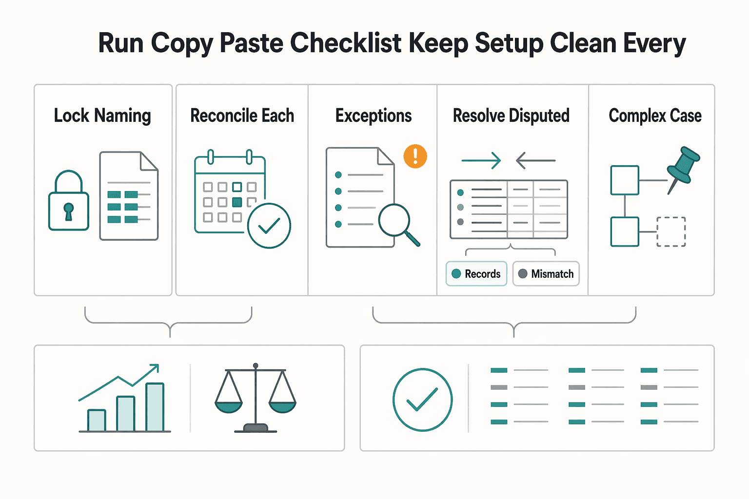Diagram showing Run this copy paste checklist to keep your setup clean every month for How to Set Up Chart of Accounts in QuickBooks for a Freelancer.