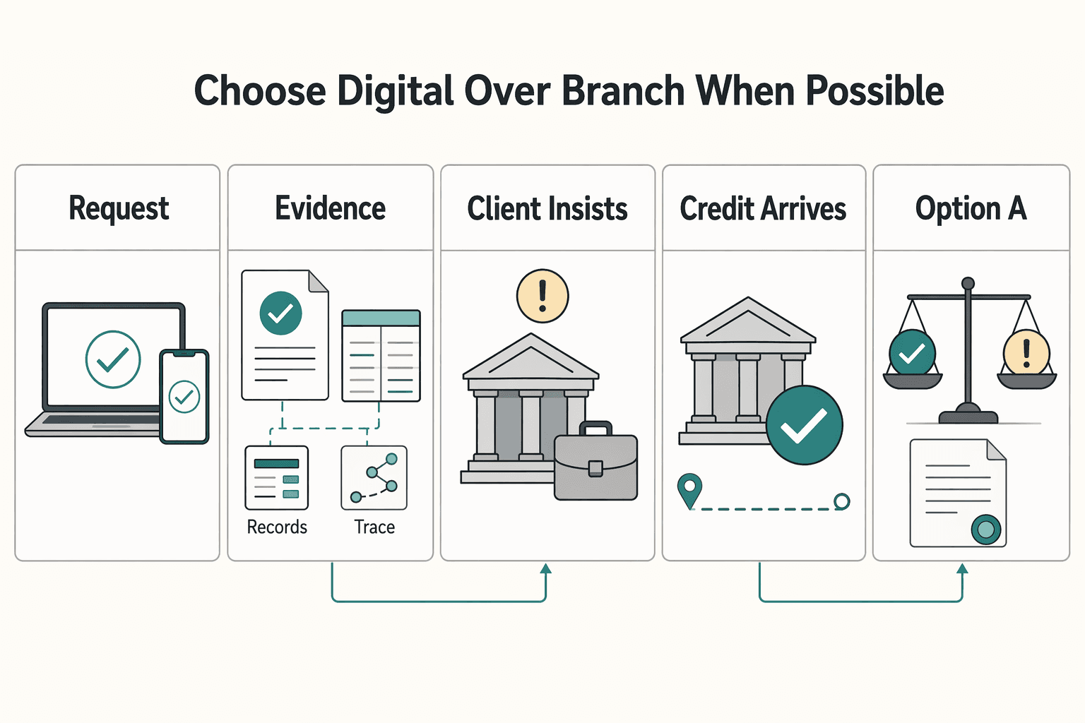 Diagram showing Choose digital over branch when possible for Why International Wire Transfers Arrive Short and How to Reduce Fee Leakage.