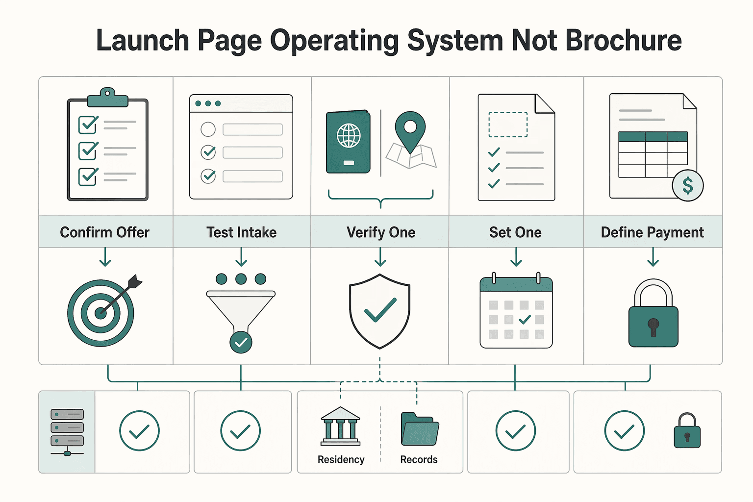Diagram showing Launch your page as an operating system not a brochure for Create a Freelance Hire Me Page That Qualifies Better Clients.