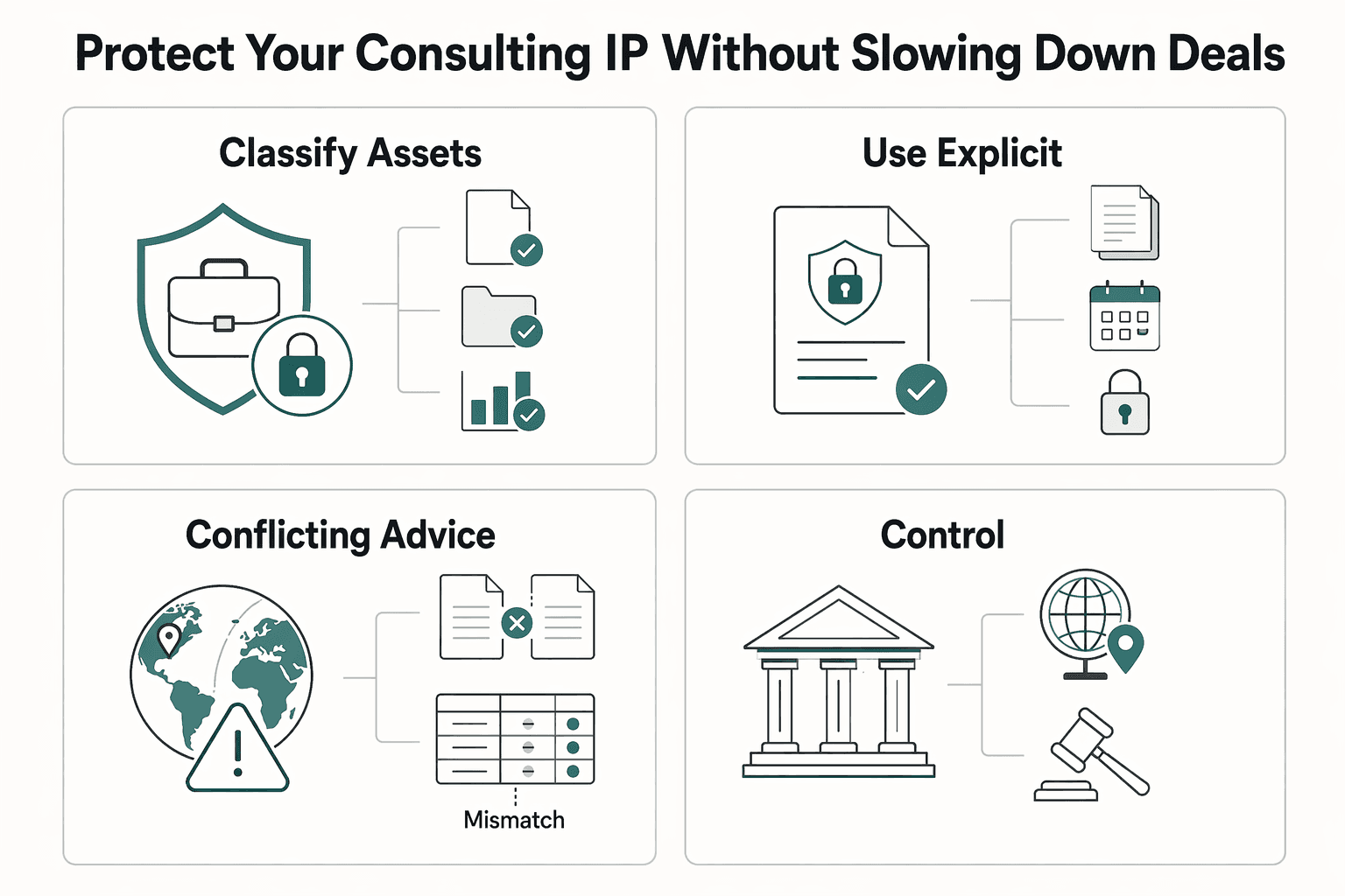 Diagram showing Protect Your Consulting IP Without Slowing Down Deals for How to Protect Your Intellectual Property as a Strategic Consultant.