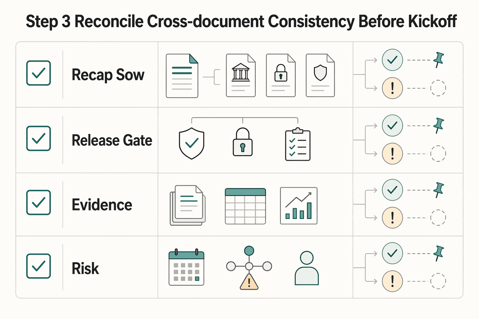 Diagram showing Step 3 Reconcile cross-document consistency before kickoff for How to Present a Creative Concept to an Enterprise Client.