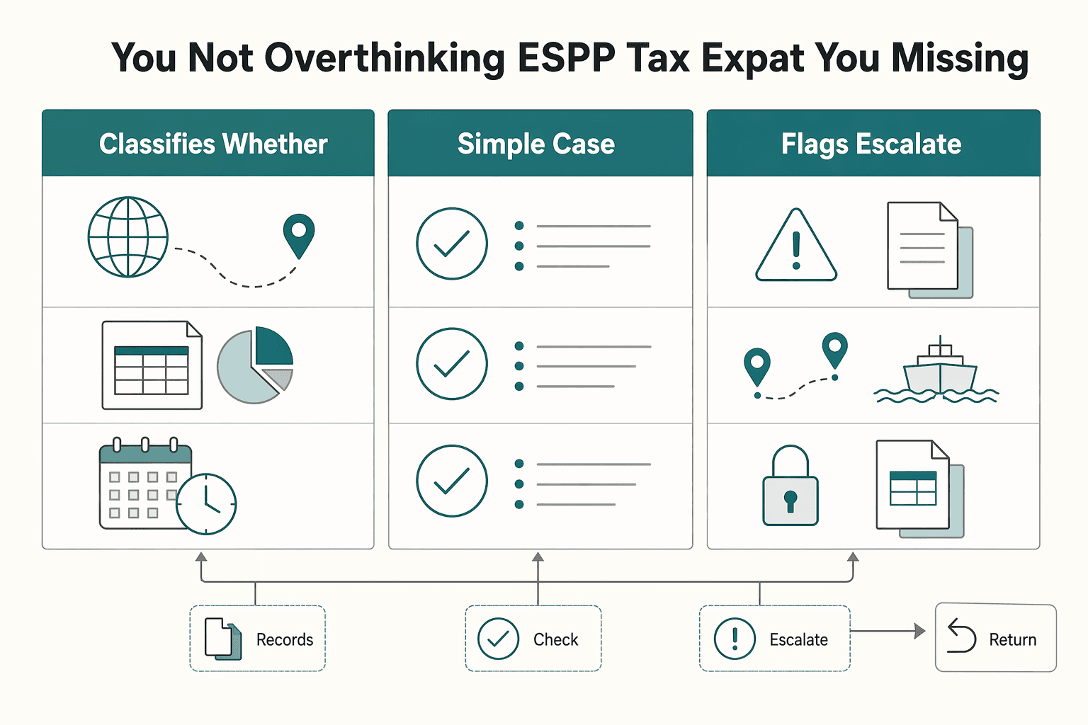 Diagram showing You are not overthinking ESPP tax as an expat you are missing a system for How to Handle Tax on Employee Stock Purchase Plans (ESPP) as an Expat.