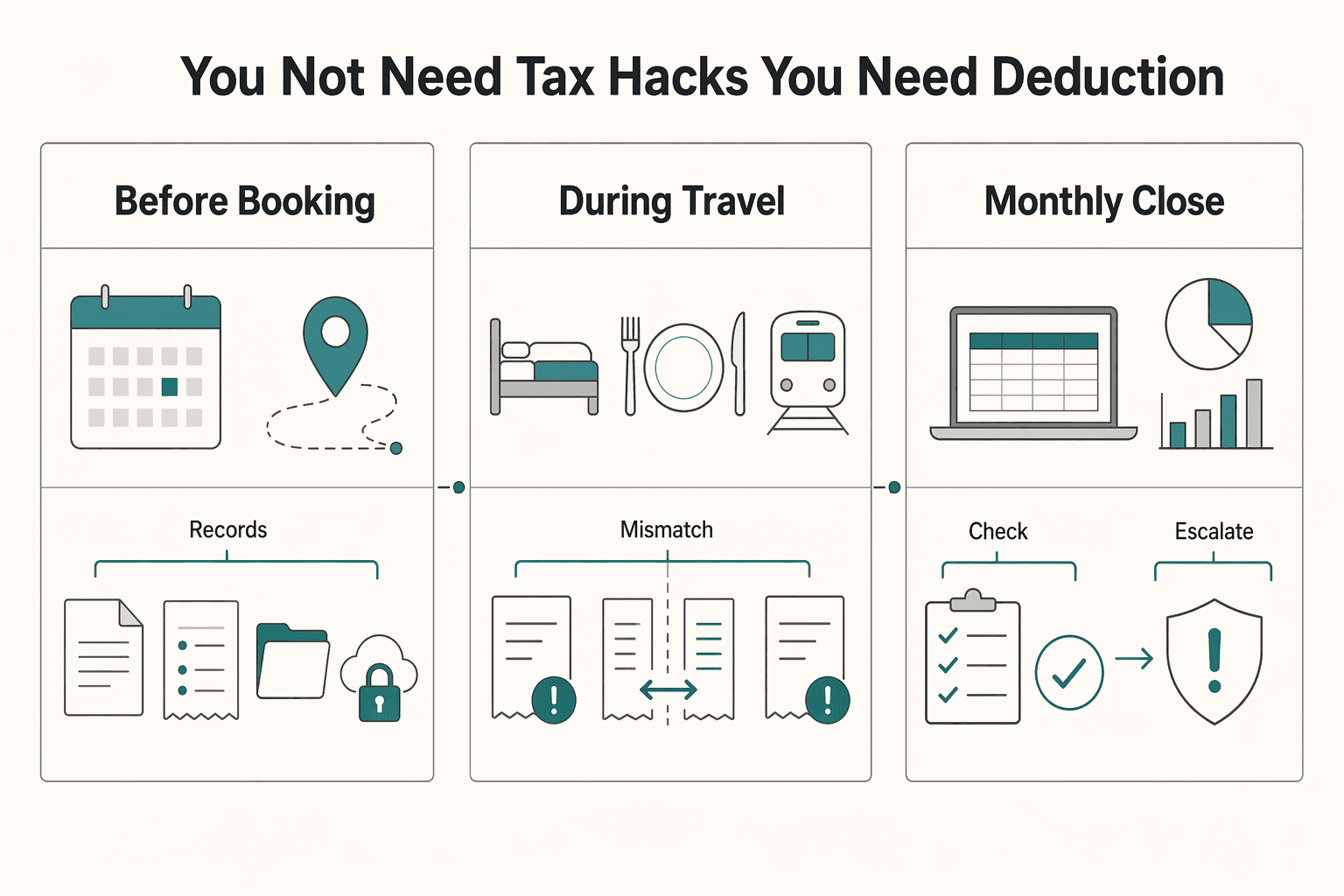 Diagram showing You do not need tax hacks you need a deduction system you can trust for A Guide to Deducting Business Travel Expenses.